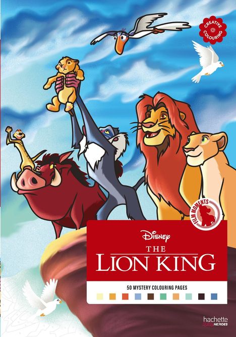 "Disney The Lion King, 50 Mystery Colouring Pages." Illustration von Tieren, die ein Löwenjunges emporheben.