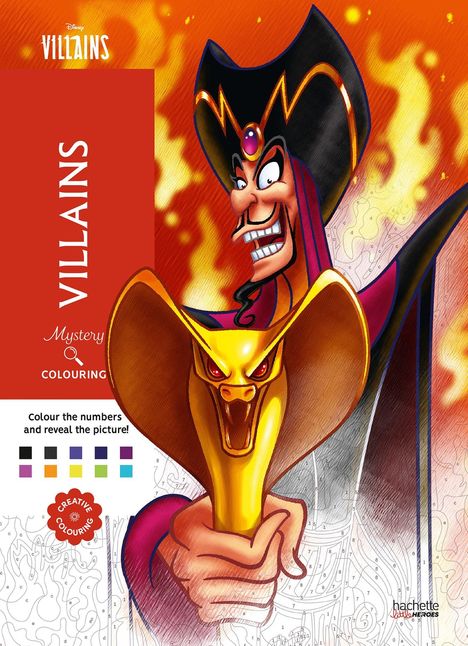 Text: "VILLAINS", "Mystery Colouring", "Colour the numbers and reveal the picture!" Illustration: Bösewicht mit goldenem Stab.