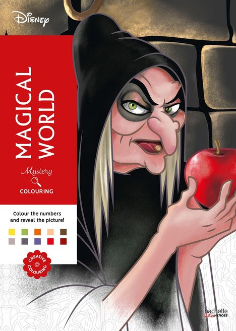 Texte: "MAGICAL WORLD", "Mystery COLOURING", "Colour the numbers and reveal the picture!". 
Illustration: Eine Hexe hält einen Apfel.