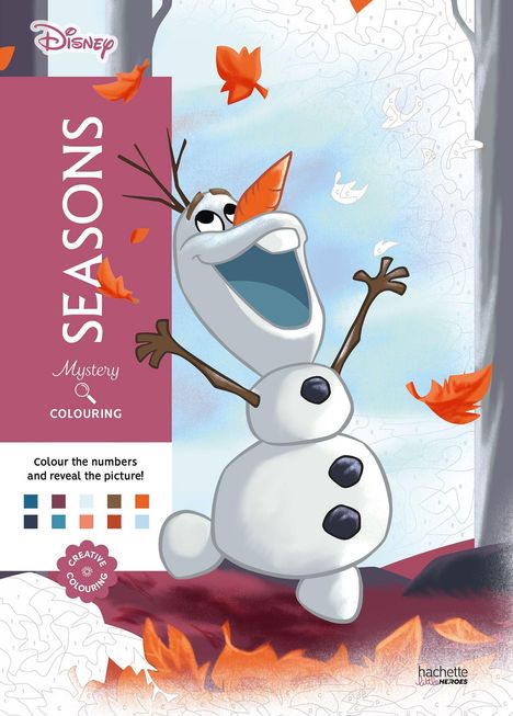 „SEASONS“, „Mystery Colouring“, „Colour the numbers and reveal the picture!“ Ein fröhlicher Schneemann wirft Laubblätter.
