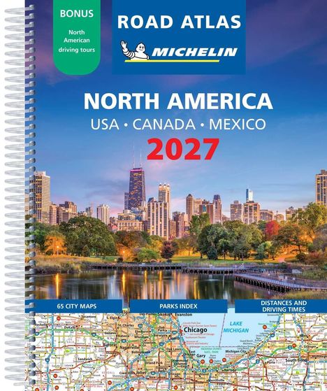 "Road Atlas", "Michelin", "North America", "USA", "Canada", "Mexico", "2027". Skyline einer Großstadt mit Fluss.