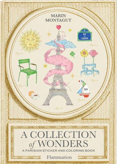 "A COLLECTION of WONDERS" steht oben. Darunter ist der Eiffelturm mit rosa Band, umgeben von Symbolen und Zeichnungen.