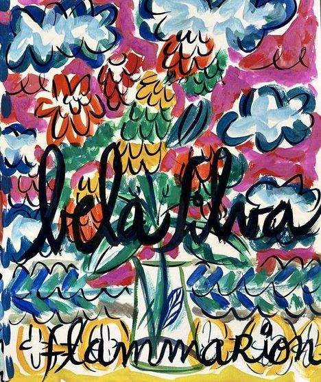 Text: "lala ilka, flammarion". Bunte Illustration mit Blumen, Wolken und abstrakten Formen, lebhaft und verspielt.
