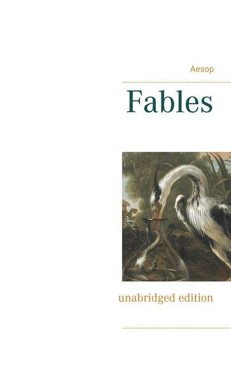 Text: "Aesop Fables, unabridged edition". Illustration: Ein Kranich steckt seinen Schnabel in eine bauchige Vase.