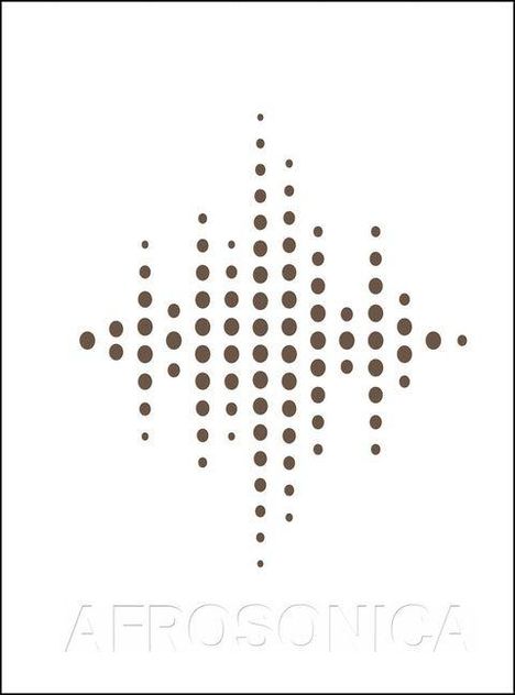 Text "AFROSONICA" unten. Darstellung eines Schallsignals aus braunen Punkten, symmetrisch angeordnet.