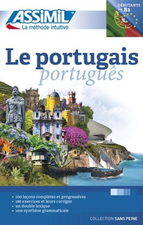 "Le portugais" Cover zeigt portugiesische Wahrzeichen: eine Statue, bunte Gebäude, ein Segelboot und Landschaften.