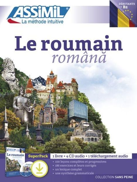"Le roumain româna" steht oben. Darunter ist eine Collage aus rumänischen Landschaften und Gebäuden. Oben links ist das "ASSIMIL"-Logo.