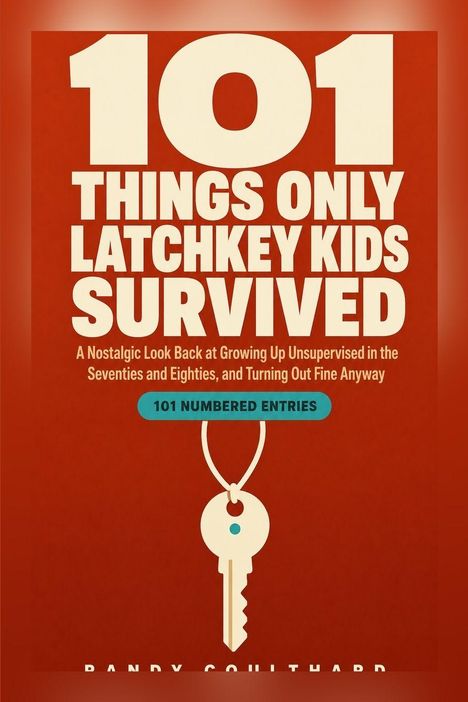 "101 Things Only Latchkey Kids Survived" steht groß oben. Darunter ein nostalgischer Rückblick mit einer gezeichneten Schlüssel-Illustration.