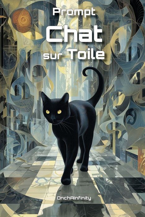 Text: "Prompt Chat sur Toile," "OnchAInfinity." Illustration: Eine schwarze Katze auf einem geometrischen, kunstvollen Hintergrund.