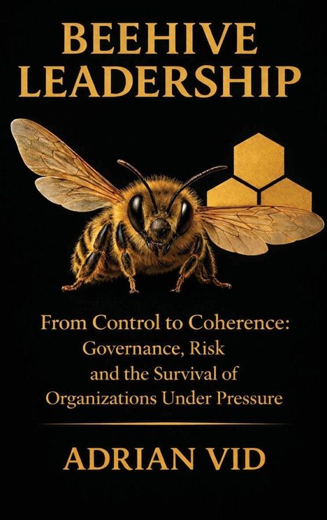 "Beehive Leadership: From Control to Coherence". Großes Bienenabbild vor schwarzem Hintergrund.