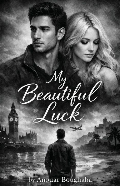 "My Beautiful Luck" von Anouar Boughaba. Zwei Personen im Vordergrund, Mann im Regenmantel blickt auf Big Ben und Fluss.