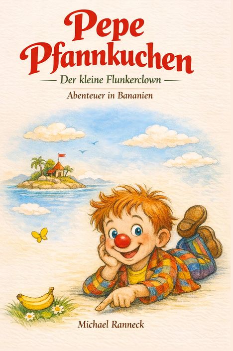 „Pepe Pfannkuchen“, ein fröhlicher Clown zeigt auf eine Banane, dahinter eine kleine Insel mit einer Hütte.