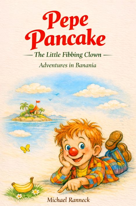 Ein Junge mit roter Nase zeigt auf Bananen. Eine Insel mit Hütte im Hintergrund, Schmetterling fliegt.