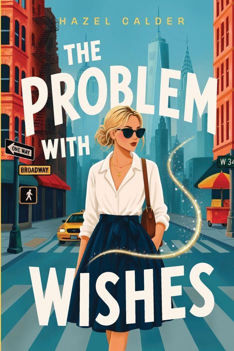 "The Problem with Wishes" von Hazel Calder. Frau in weißer Bluse und Sonnenbrille, Stadt, Taxi, magische Linie.