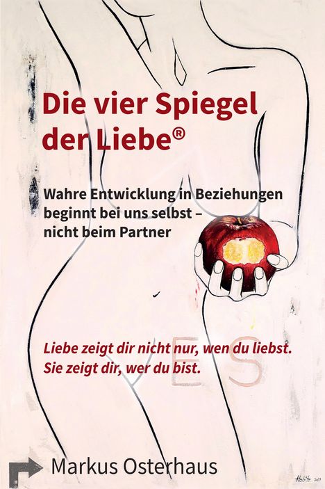 “Die vier Spiegel der Liebe®” in Rot, “Wahre Entwicklung in Beziehungen beginnt bei uns selbst – nicht beim Partner”, Illustration.