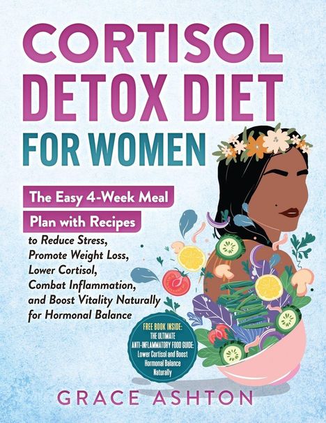 Titel: "Cortisol Detox Diet for Women". Illustration einer Frau mit Blumenkranz und Gemüse umgeben. Autor: Grace Ashton.