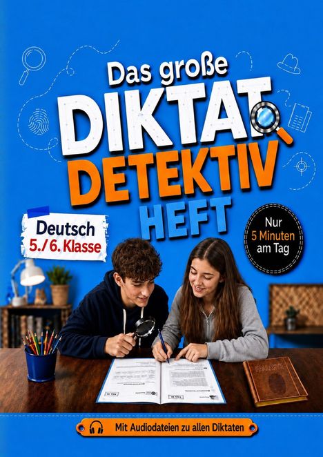 „Das große Diktat-Detektiv-Heft, Deutsch 5./6. Klasse, Nur 5 Minuten am Tag.“ Zwei Kinder arbeiten an einem Tisch.