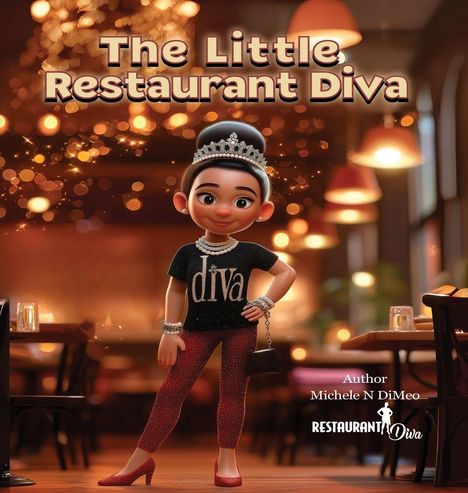 Titel: The Little Restaurant Diva. Eine elegante Figur steht in einem stilvollen, beleuchteten Restaurant.