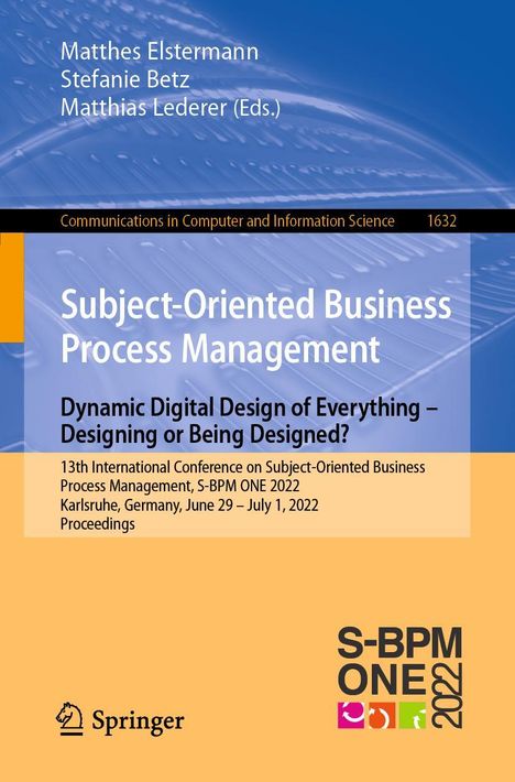 Text: "Subject-Oriented Business Process Management; S-BPM ONE 2022; Springer." Oben blaue Wellenlinien, unten gelber Hintergrund.