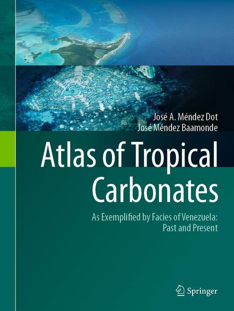 "Atlas of Tropical Carbonates" und Autoren, tropischer Küstenabschnitt von oben, türkisfarbenes Wasser.