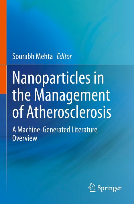 Buchtitel: "Nanoparticles in the Management of Atherosclerosis." Autor: Sourabh Mehta. Hintergrund: Blau mit orangem Streifen.