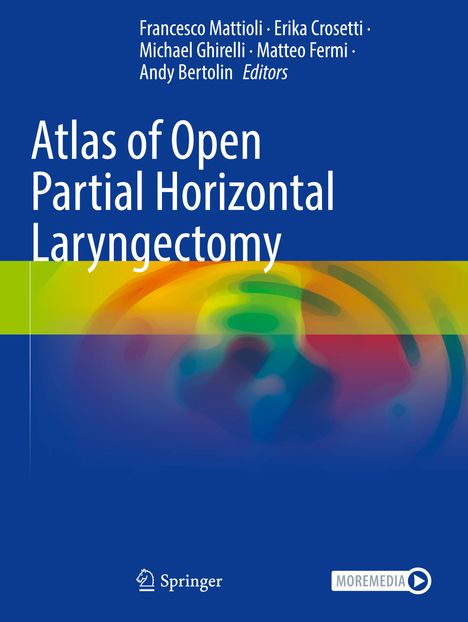 Titel: "Atlas of Open Partial Horizontal Laryngectomy". Namen der Herausgeber: Francesco Mattioli, Erika Crosetti, u.a. Farbige, abstrakte Illustration oben.