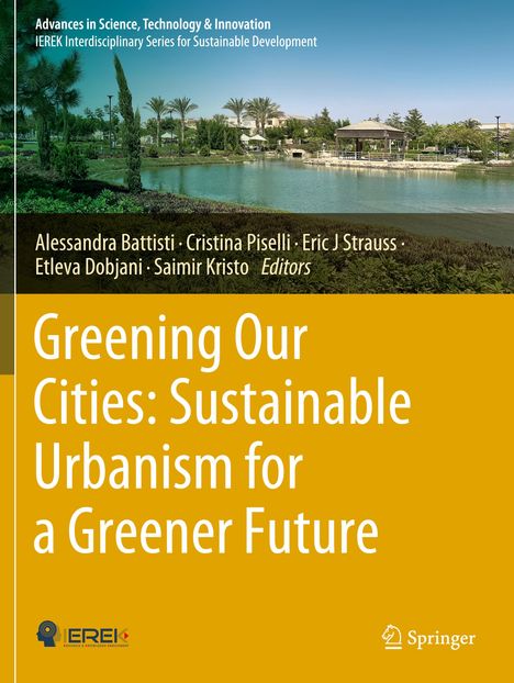Titel: Greening Our Cities: Sustainable Urbanism for a Greener Future. Oben Teich mit Palmen.