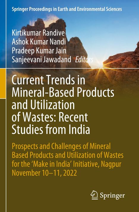 Buchtitel: "Current Trends in Mineral-Based Products and Utilization of Wastes: Recent Studies from India". Hintergrund: Felsenformation bei Sonnenuntergang.