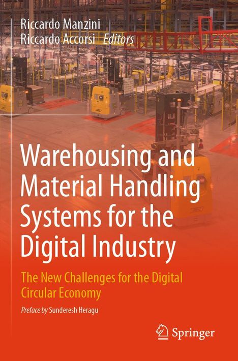 Text: „Warehousing and Material Handling Systems for the Digital Industry“. Im Hintergrund: Lagerhalle mit gelben Maschinen.