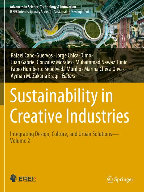 Titel: Sustainability in Creative Industries. Text: Integrating Design, Culture, and Urban Solutions—Volume 2. Aerial view of urban area.