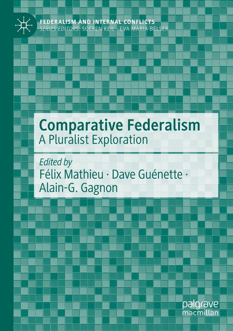 "Comparative Federalism: A Pluralist Exploration" ist zentral. Grünes Mosaikmuster im Hintergrund.