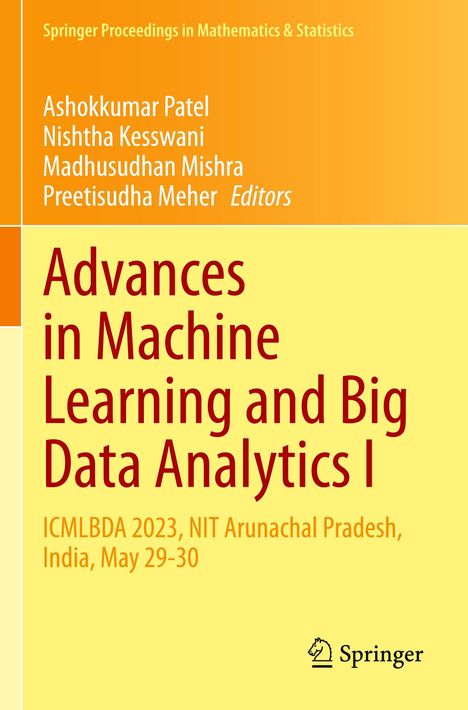 Advances in Machine Learning and Big Data Analytics I, ICMLBDA 2023, India. Orange und gelbe Hintergründe. Springer-Logo unten.