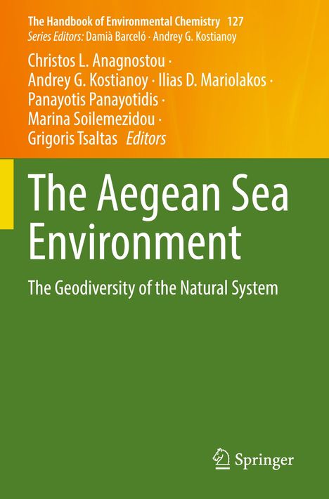 Ein Buchcover mit dem Titel "The Aegean Sea Environment" in Weiß auf grünem Hintergrund. Springer-Logo unten.