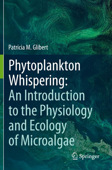 Text: "Phytoplankton Whispering: An Introduction to the Physiology and Ecology of Microalgae." Illustration: Meereswirbel in Grüntönen.