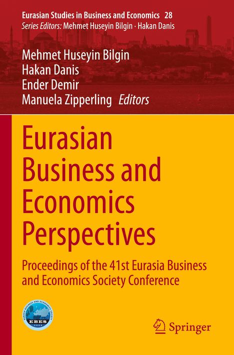 „Eurasian Business and Economics Perspectives“ in großen Buchstaben, darunter Konferenzdetails. Skyline Silhouette, Springer-Logo.