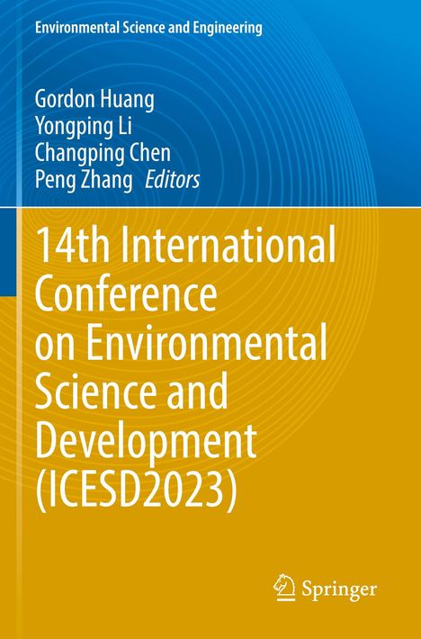 Titel: 14th International Conference on Environmental Science and Development (ICESD2023). Oben blaue und unten orange Fläche.