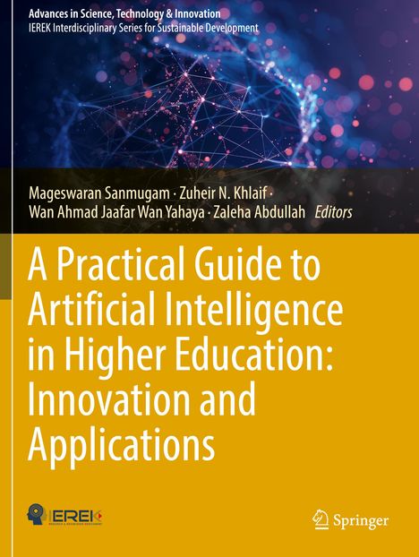 Titel: "A Practical Guide to Artificial Intelligence in Higher Education: Innovation and Applications." Oben ein Netzwerkmotiv.