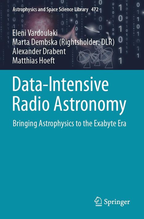 Text: Data-Intensive Radio Astronomy. Illustration mit Zahlen und Weltraummotiven. Rechteckige, zweigeteilte Gestaltung.
