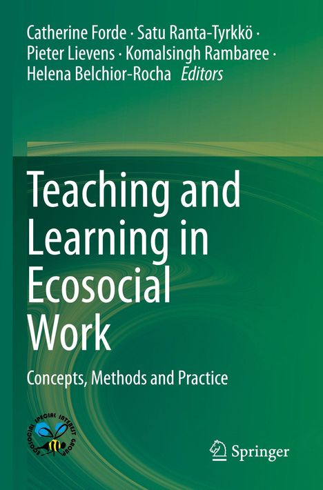 Oben Autoren und "Editors". Titel: "Teaching and Learning in Ecosocial Work: Concepts, Methods and Practice". Unten zwei Logos.