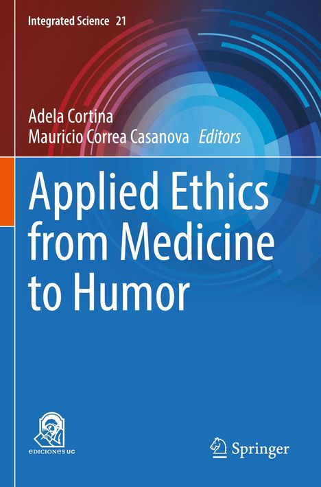 „Applied Ethics from Medicine to Humor“ steht in großen weißen Buchstaben auf blauem Hintergrund.