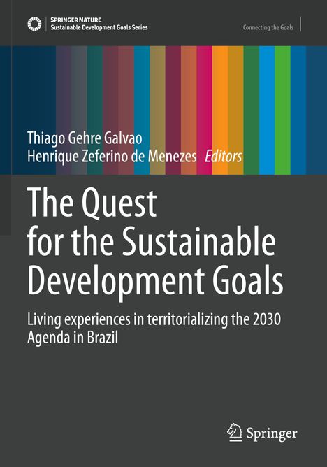 "The Quest for the Sustainable Development Goals" in großer Schrift, bunte vertikale Streifen links.