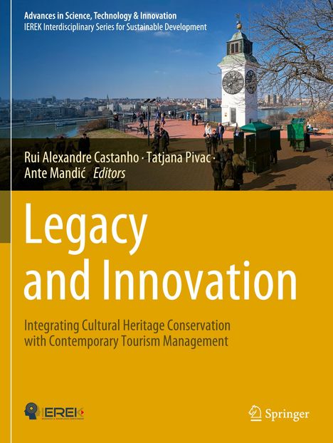 Oben: "Advances in Science, Technology & Innovation". Mitte: "Legacy and Innovation". Stadtansicht mit Turm.