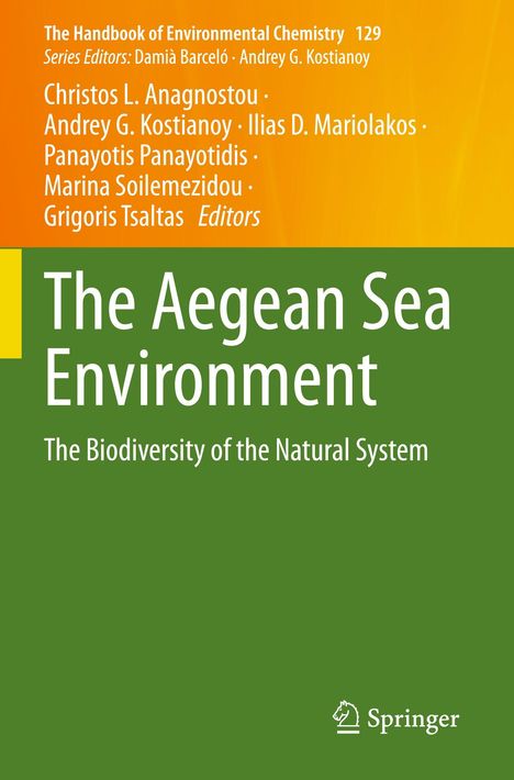 "The Aegean Sea Environment" in großen Buchstaben auf grünem Hintergrund, Herausgebernamen oben, Springer-Logo unten.