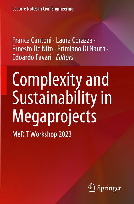 Buchtitel: "Complexity and Sustainability in Megaprojects". Autoren: Franca Cantoni und weitere. Rot-brauner Hintergrund.