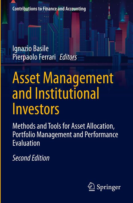 Buchtitel: "Asset Management and Institutional Investors", Autoren: Ignazio Basile, Pierpaolo Ferrari. Skyline im Hintergrund.