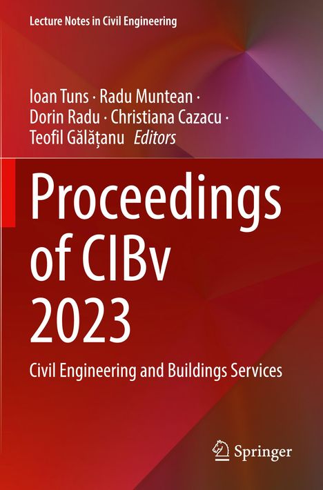 "Proceedings of CIBv 2023" und "Civil Engineering and Buildings Services". Rote, abstrakte Hintergrundgestaltung.