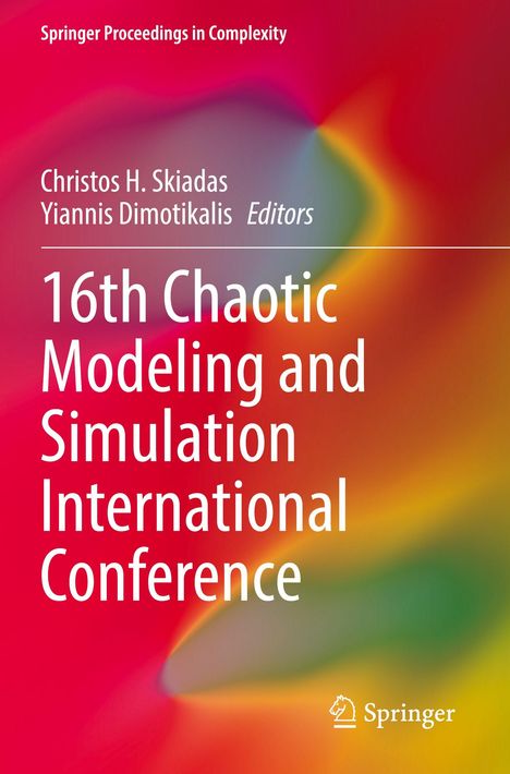 Buchtitel: "16th Chaotic Modeling and Simulation International Conference". Farbige abstrakte Hintergrundgestaltung.