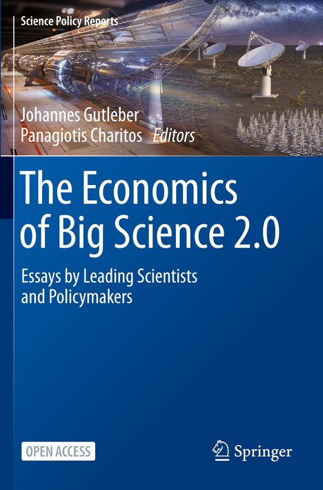 "The Economics of Big Science 2.0" Essays von Wissenschaftlern. Oben Teleskopanlagen mit Sternenhimmel.