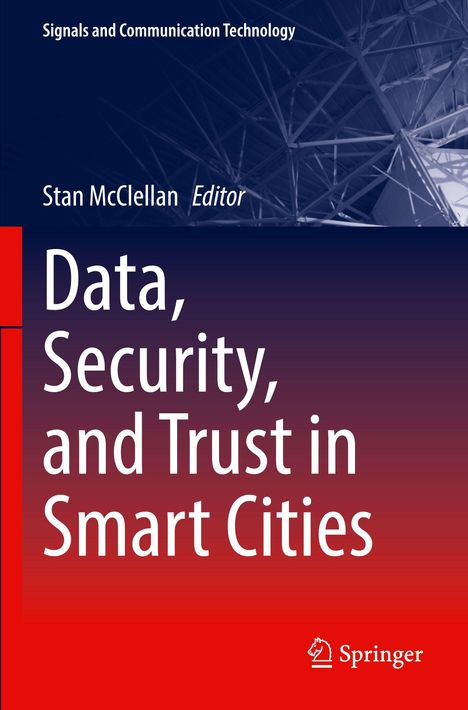 Titel: "Data, Security, and Trust in Smart Cities", Herausgeber: Stan McClellan. Logos oben und unten, Netzstrukturhintergrund.