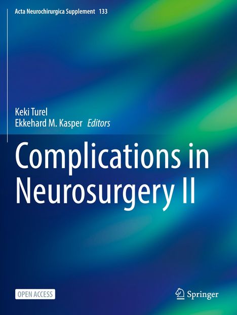 "Complications in Neurosurgery II," ergänzt durch Namen der Herausgeber. Hintergrund: Farbverlauf in Blau und Grün.